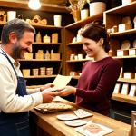 **A warmly lit artisan shop interior. A shop owner is handing a handwritten thank-you note to a smiling customer. Shelves are filled with crafts.**