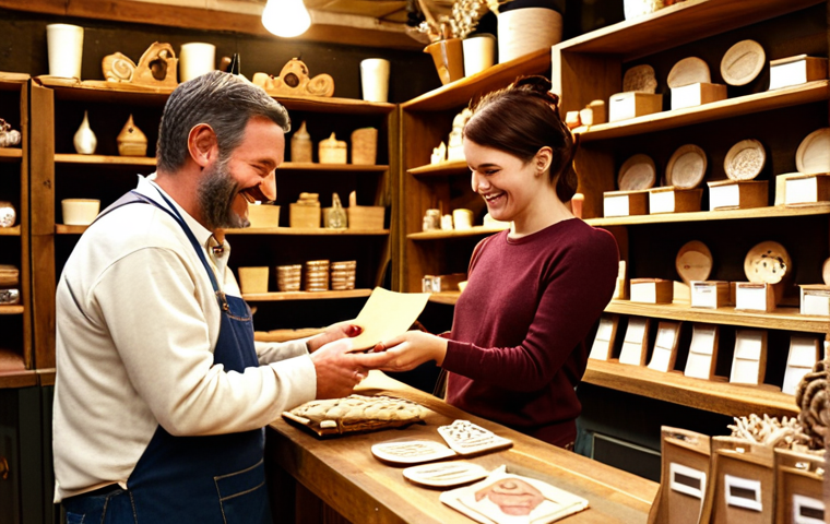 **A warmly lit artisan shop interior. A shop owner is handing a handwritten thank-you note to a smiling customer. Shelves are filled with crafts.**