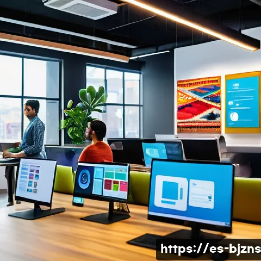 로우코스트 비즈니스 모델의 사례 연구 및 분석 - A modern Latin American startup office scene showcasing diverse professionals collaborating around d...