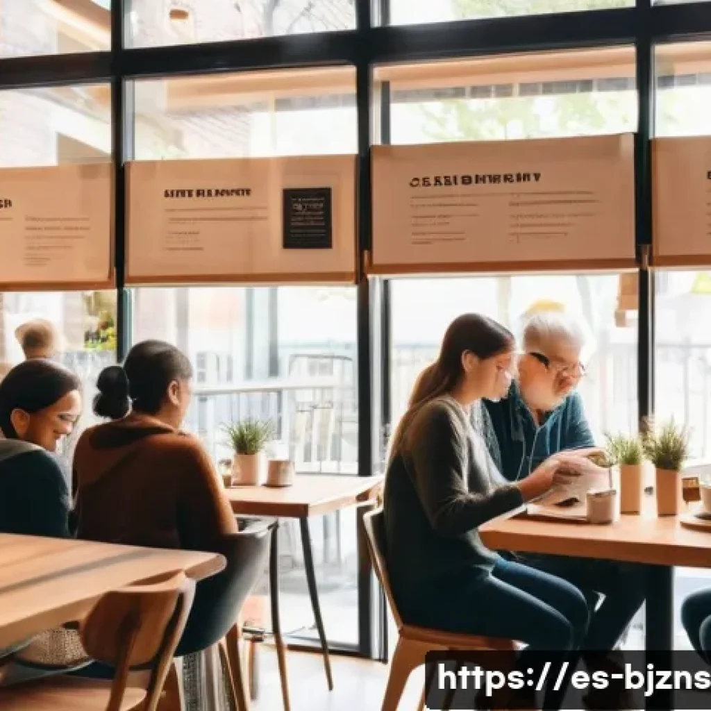 로우코스트 비즈니스 모델의 브랜드 가치 구축하기 - A cozy local café collaborating with a nearby bookstore, hosting a small community event with divers...