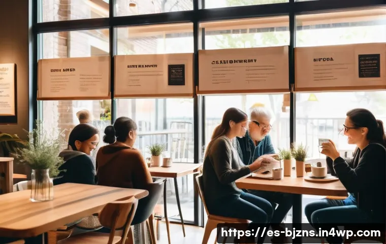로우코스트 비즈니스 모델의 브랜드 가치 구축하기 - A cozy local café collaborating with a nearby bookstore, hosting a small community event with divers...