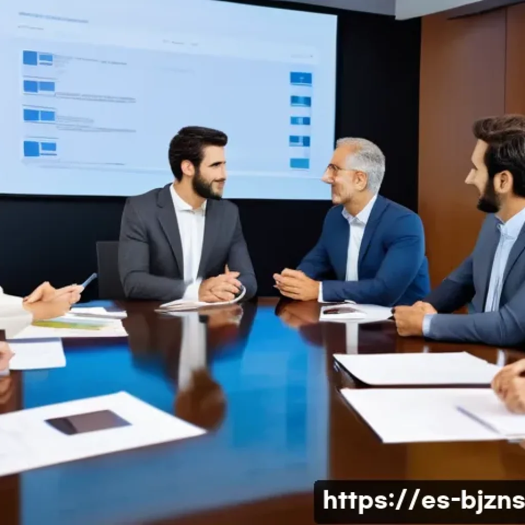 로우코스트 비즈니스 모델의 B2B와 B2C 차별화 전략 - A professional corporate meeting scene in a modern Spanish office, featuring diverse businesspeople ...