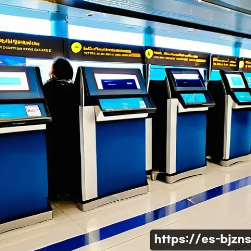 Home 33 로우코스트 비즈니스 모델의 경쟁력 분석 방법 - A modern low-cost airline check-in area at a bustling Spanish airport, featuring self-service kiosks...
