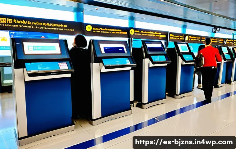 로우코스트 비즈니스 모델의 경쟁력 분석 방법 - A modern low-cost airline check-in area at a bustling Spanish airport, featuring self-service kiosks...