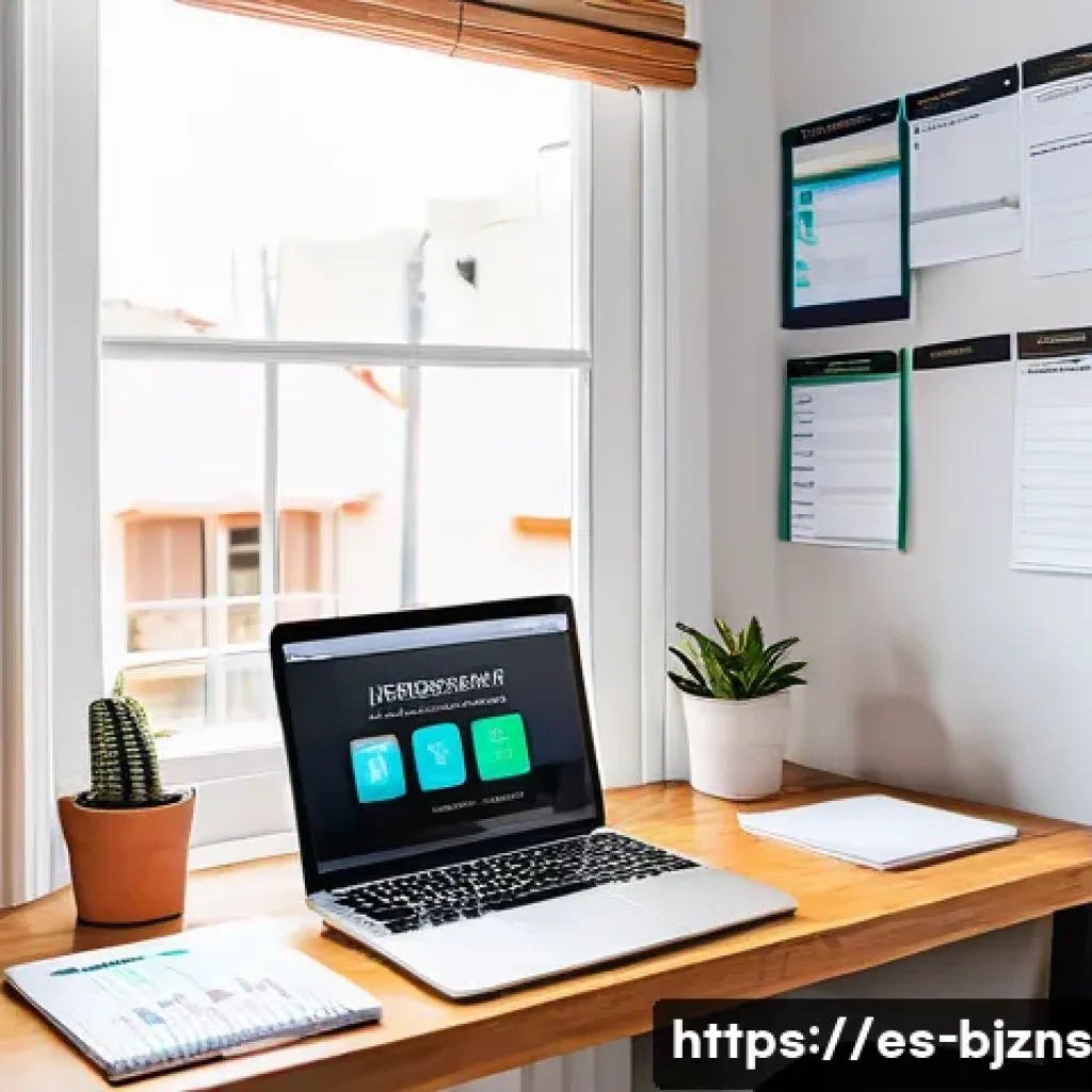 로우코스트 비즈니스 모델을 위한 비즈니스 계획서 작성법 - A small home office setup for a Spanish-speaking entrepreneur, featuring a modest wooden desk with a...