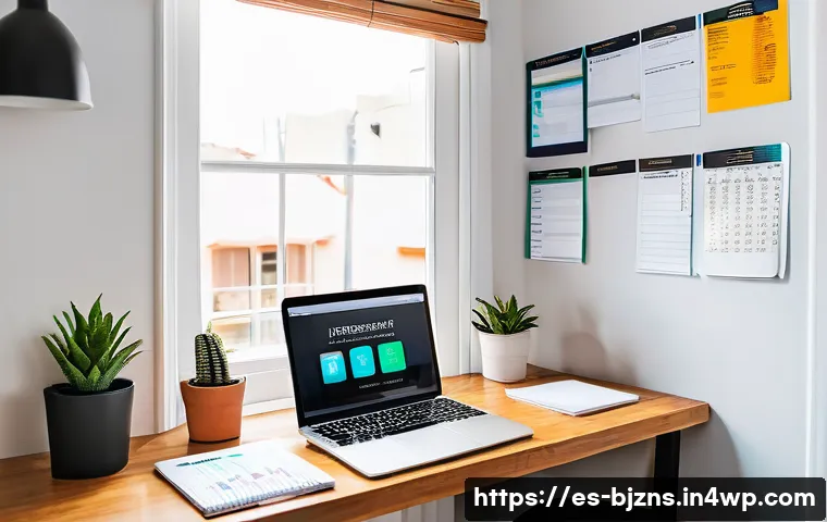 로우코스트 비즈니스 모델을 위한 비즈니스 계획서 작성법 - A small home office setup for a Spanish-speaking entrepreneur, featuring a modest wooden desk with a...