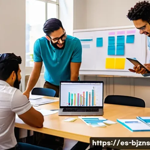 Home 31 로우코스트 비즈니스 모델과 Agile 방법론의 시너지 - A modern startup office scene in a vibrant Latin American city, showing a diverse team of profession...