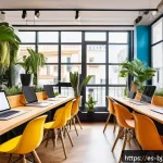 Home 18 로우코스트 비즈니스 모델의 재무 구조 이해하기 - A modern co-working space in a vibrant Latin American city, with diverse entrepreneurs collaborating...