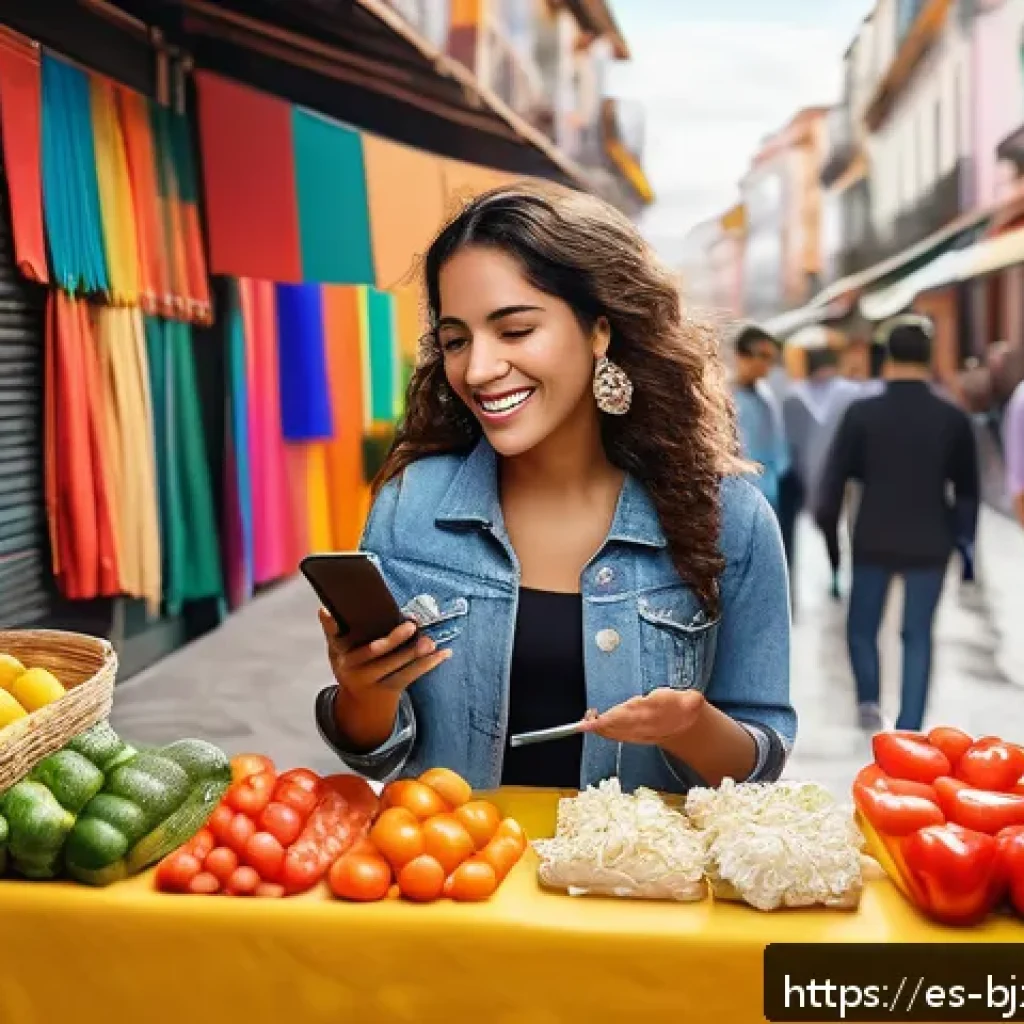 로우코스트 비즈니스 모델을 위한 효과적인 리서치 방법 - A vibrant Hispanic urban marketplace scene showing diverse consumers engaging with low-cost products...