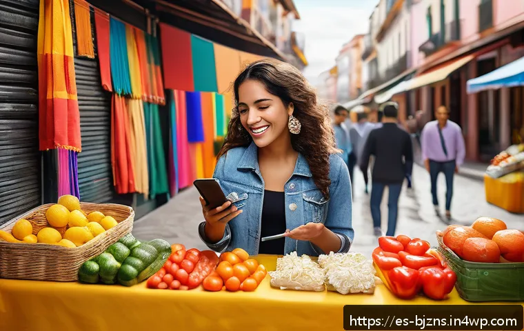 로우코스트 비즈니스 모델을 위한 효과적인 리서치 방법 - A vibrant Hispanic urban marketplace scene showing diverse consumers engaging with low-cost products...