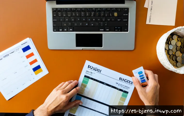 로우코스트 비즈니스 모델의 재무 계획 수립하기 - Photorealistic overhead view of a Spanish small business owner planning a low-cost business budget a...